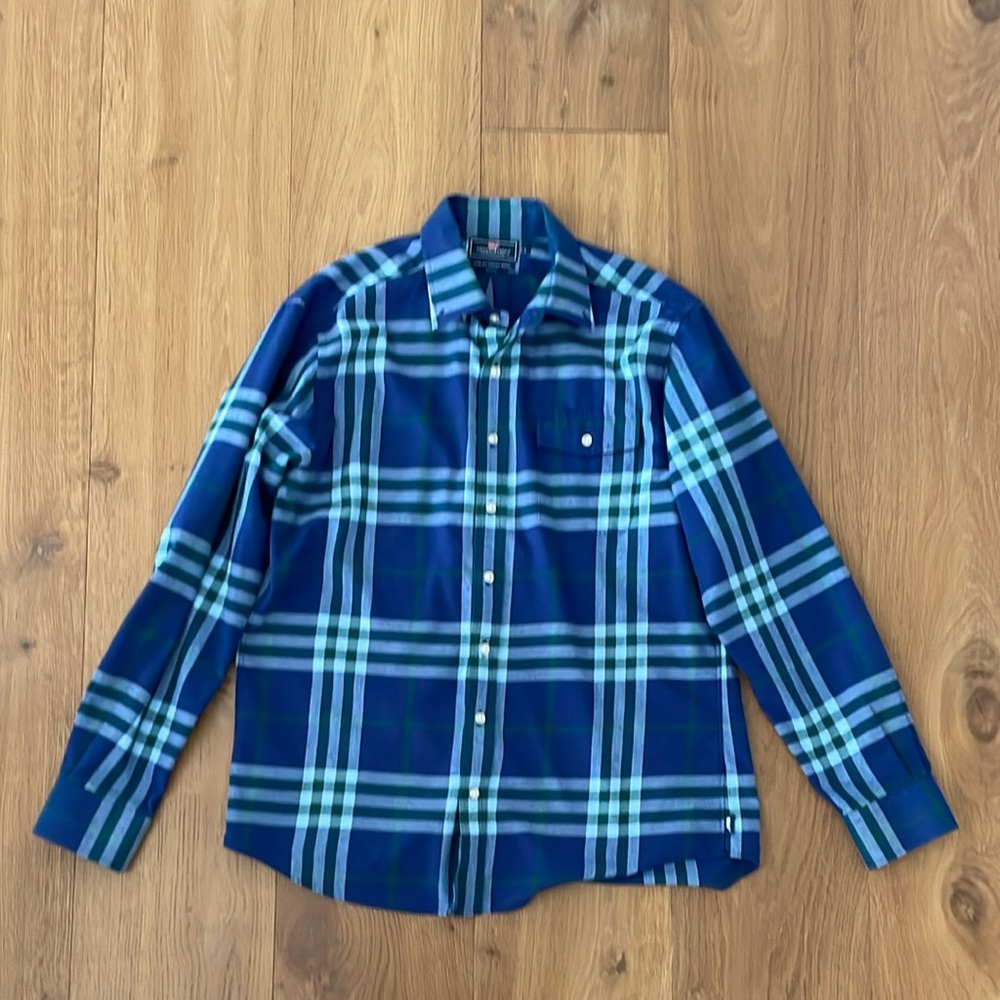 Vineyard Vines Navy and Teal L Slim Fit Crosby Very Soft Plaid Shirt
